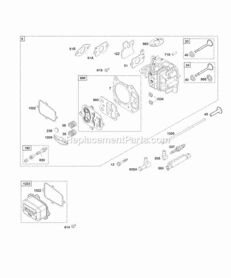 Cylinder Head Diagram and Parts List for  Briggs and Stratton Engine